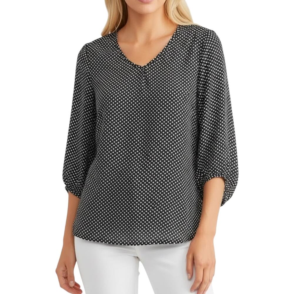 Como Black V-Neck Blouson Sleeve Crepe Blouse Polka Dot NWT Size XL